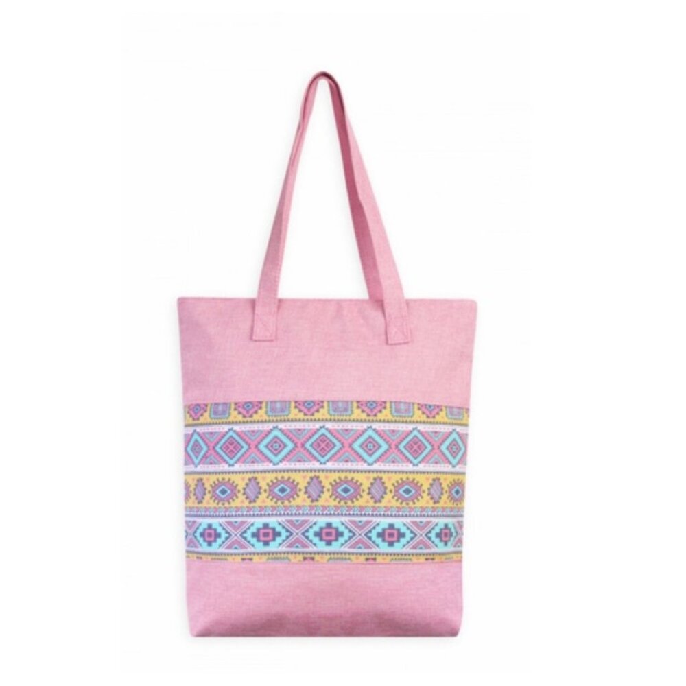 Tribal / Boho / Print Tote Bag - Pink Yellow Blue - Double Handle - NWT